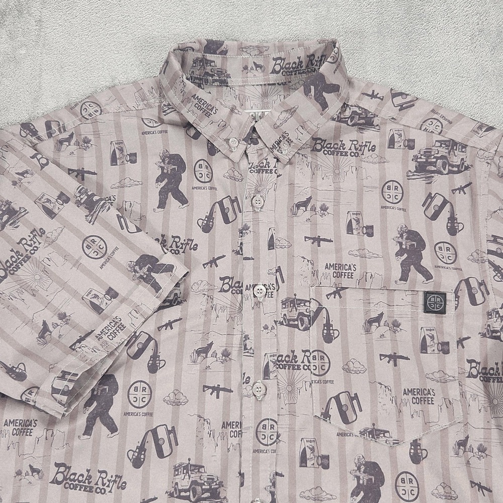 Black Rifle Coffee Company Shirt Mens Medium Beige Short Sleeve Button Up Print